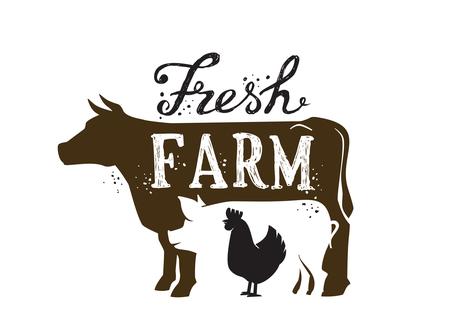 A cartoon drawing of a rooster outline inside of a pig outline inside of a cow, displaying the words Fresh and Farm  