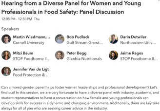 Hearing from a Diverse Panel for Women and Young Professionals in Food Safety: Panel Discussion screenshot of speakers with blurb and logistics