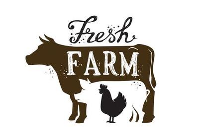Cartoon graphic of a rooster inside of a pig outline inside of a cow, with words Fresh and Farm